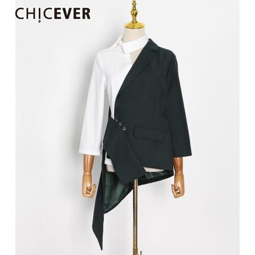 CHICEVER Casual Blazer For Women Notched Long Sleeve Patchwork Hit Color Asymmetrical Hem Loose Streetwear Coat Female 2021 Tide
