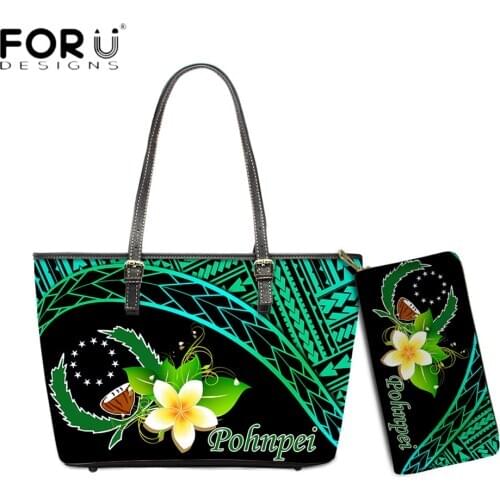 FORUDESIGNS Brand Designer 2pcs Women Luxury Shoulder Bag And Wallets Pohnpei Polynesian Plumeria Printing Ladies Handbags Sac