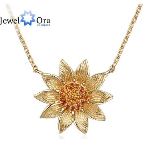 JewelOra Gold color Sunflower Necklace with Clear CZ Elegant Ladies Cubic Zirconia Paved Pendant Necklace Wedding Gifts