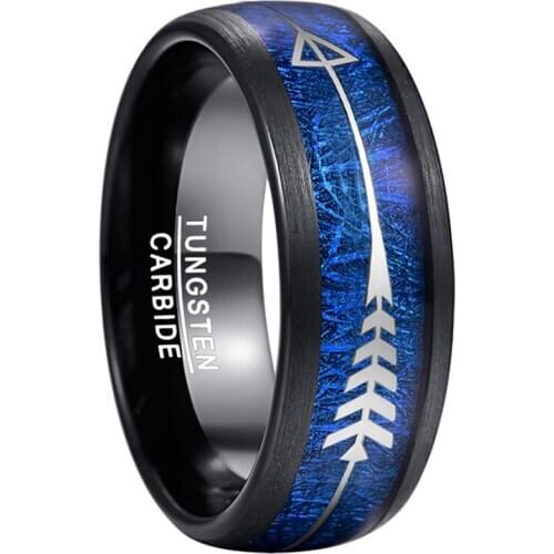 8MM Arrow Shaped Tungsten Carbide Ring Inlaid Blue Imitation Meteorite Wedding Bands Black Dome Rings Men Jewelry