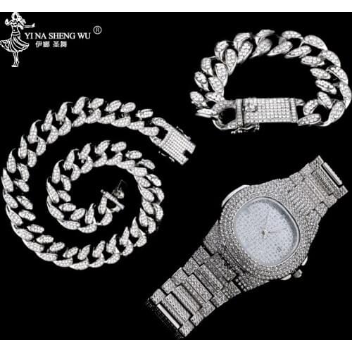Hip Hop 20MM 1 Set Miami Cuban Chain Necklace +Bracelet +Watch Iced Out Paved Rhinestones CZ Necklaces Jewelry For Men Rapper