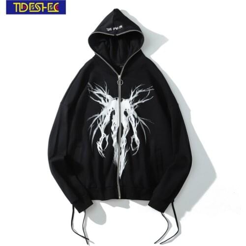Men Punk Pattern Printed Zipper Ribbon Hooded Sweater Mens Casual Black Cool Oversized Coat Fashion Sweater Streetwear Autumn