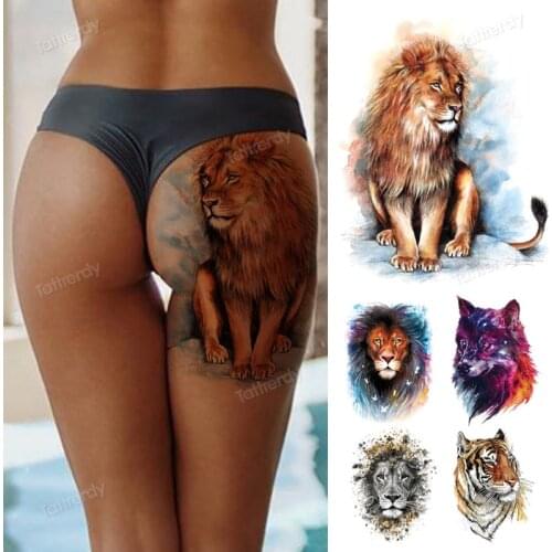 Tattoo sticker lion king tiger wolf fox flowers forest tattoo designs big waterproof temporary tattoos leg thigh arm sleeve girl