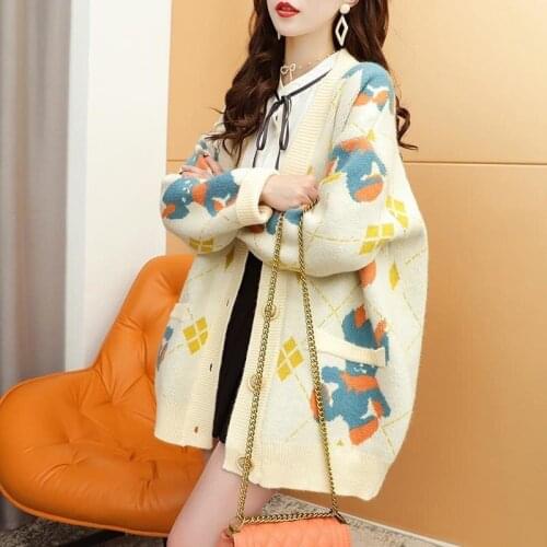 Early Spring 2021 New Korean Fashion Cartoon Splicing Medium Length Sweaters Cardigan Womens Loose Lazy Wind Knitting Coat Top