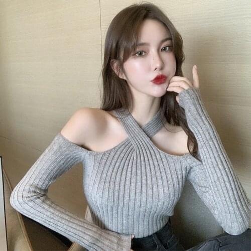New Short Sexy Off-Shoulder Cross-Halterneck Sweater Womens Inner Wear Autumn Winter Skinny Knitted Top 216