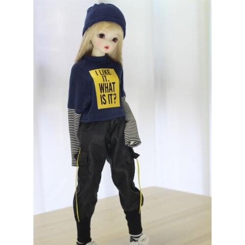 BJD doll clothes suitable for 1/31/4 splicing printing fleece + hat + streets wind black overalls or pleated skirt outfit