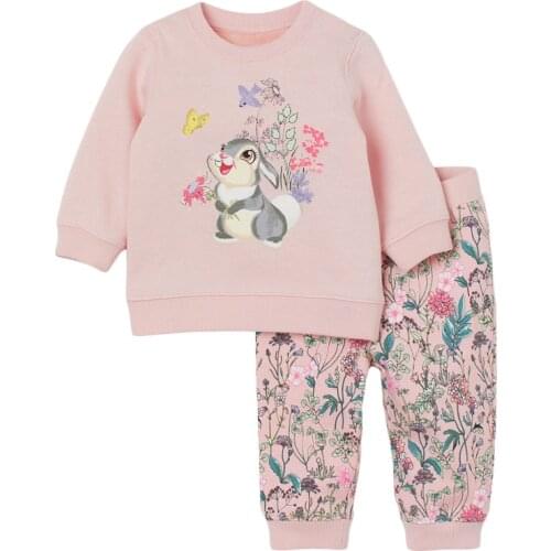 Baby Girl Clothes 2021 New Autumn Casual Cotton Brand Toddler Pink Bunny Shirt + Flower Print Pants Children Set 20761