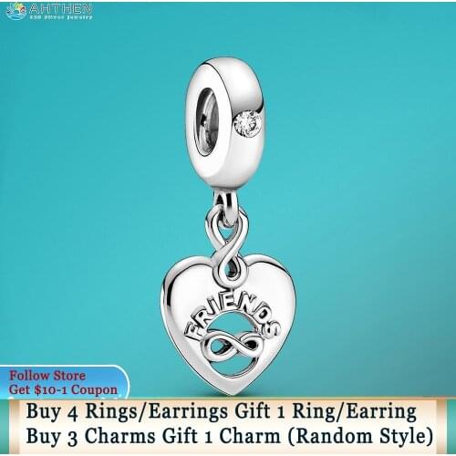 Ahthen 925 Sterling Silver Beads Friends Forever Heart Dangle Charm fit Original Pandora Bracelets for Women Jewelry Making Gift