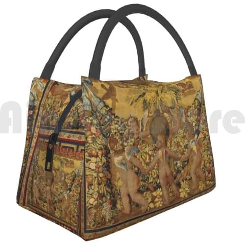 Portable Insulation Bag Six Putti Dancing Around A Globe And A Palm , Gold Yellow Brown Floral Renaissance Tapestry