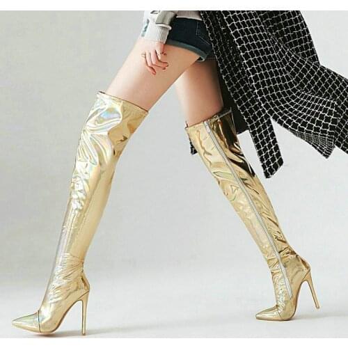 Winter Sexy Woman Over the Knee Boots Thin High Heels Ladies Thigh High Boots Party Womens Shoes Gold Silver Large Size 34-43