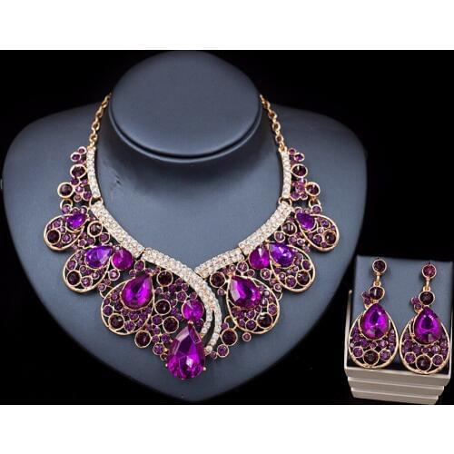 Luxurious Teardrop Crystal Bridal Wedding Jewelry Sets Rhinestone Big Necklace Earrings Sets Hot Sale TL034
