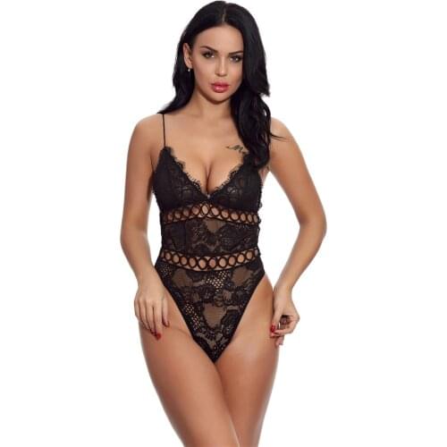 Sexy Deep V Lace Bodysuit Women Backless Transparent Hot Teddies See Through Sleeveless Jupmsuits Solid Leotard Bodies One Piece