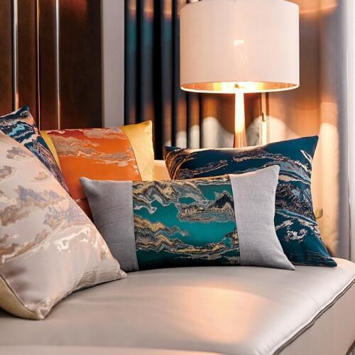 Modern Light Luxury Cushion Cover New Chinese Style Patchwork Orange Blue Throw Pillow Cases Waist Pillow Covers Home Decor