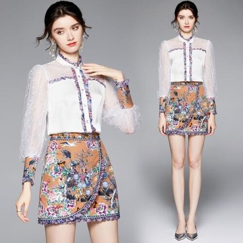 Fashion Print Two Piece Dress Suits Womens Tops And Skirts Beading Mesh Tulle White Shirts + Floral Short Skirt 2pcs Set Outfit