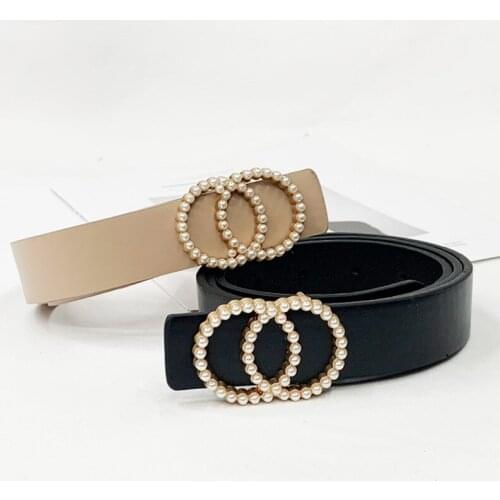 1Pc Girl Double ring circle studded pearl designer buckle PU Belt Leather strap for woman jeans dress Overcoat fashion waistband