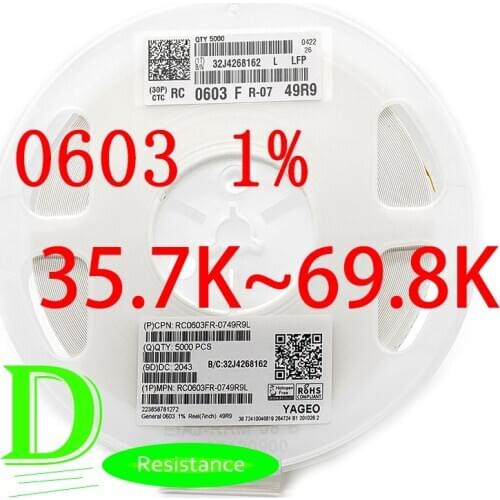 100PCS SMD Resistor RC Series 0603 1% Original RC0603FR-07 Series 35.7K-69.8K All resistors 36K 39K 43K 47K 51K 56K 62K 68K