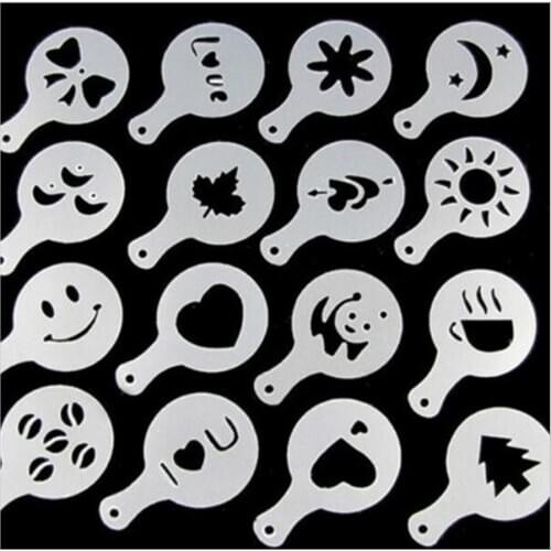 16Pcs/set Fashion Cappuccino Coffee Barista Stencils Template Strew Pad Duster Spray Tools accessories