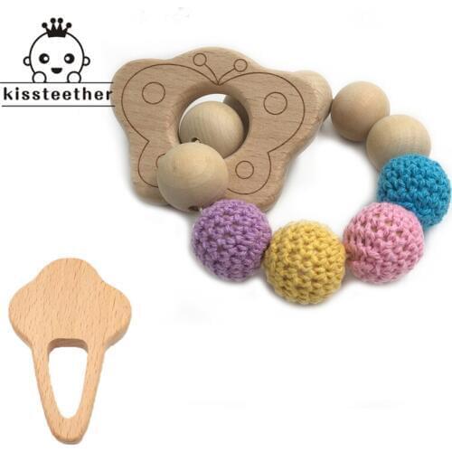 2pcs Baby Wooden Teether Ice Cream Handmade Nursing Wooden Crochet Bead Teething Crochet Bead Knitted Bead With Bracelet