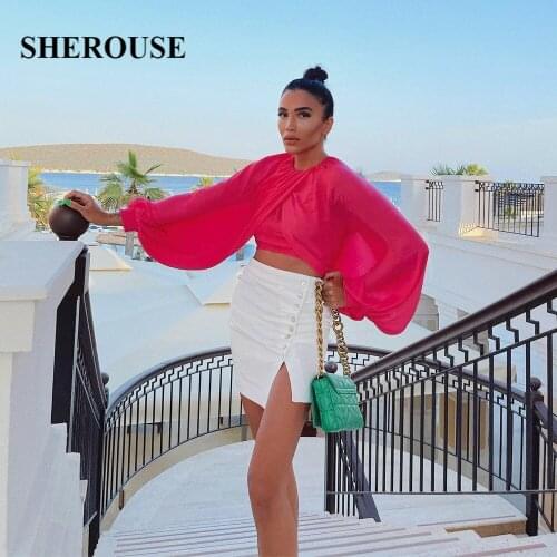 2021 Fashion Women Balloon Puff Sleeves Blouses Vintage O-neck Elegant Lady High Street Shirt Chic Crop Top Woman blouses femme