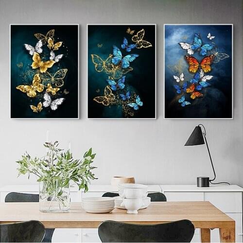 Abstract Golden Blue Butterfly Wall Art Modern Wall Pictures For Living Room Cuadros Salon Big yelloow butterfly n Print