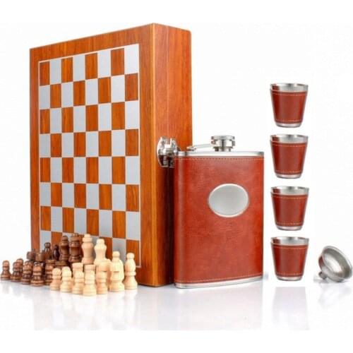 Wooden Chess 8OZ Stainless Steel Leather Hip Flask Set with Funnel and 4 Cups Gift Box Gifts for For Children Men Flasks Liquor