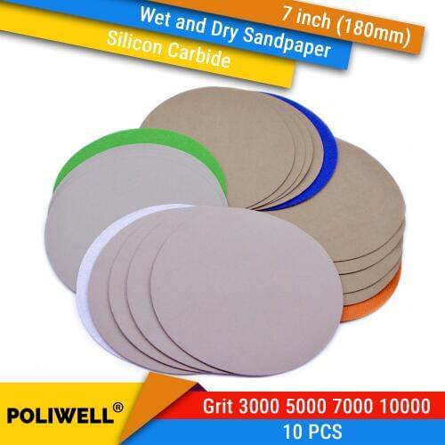 10PCS 7 Inch 180mm Silicon Carbide Wet and Dry Sanding Discs Flocking Sandpaper 3000/5000/7000/10000 Grit Automotive Polishing