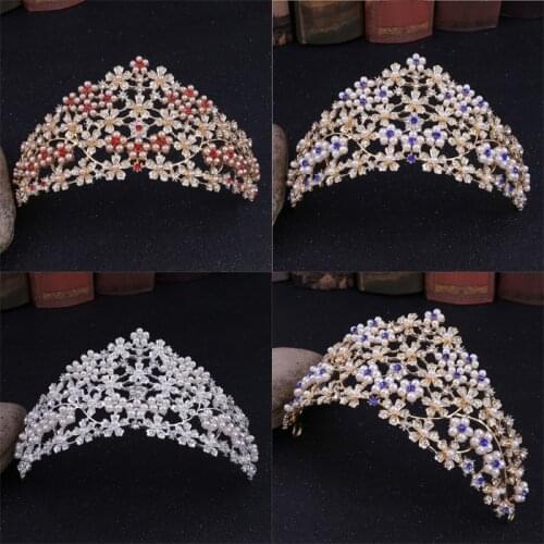 Blue red flower pearl Hair Tiaras Bridal Headpiece Women Rhinestone Crown Hair Ornaments Wedding Hair Jewelry Accessories