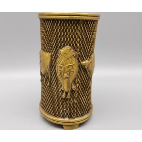 China brass five cow Pen holder crafts statue