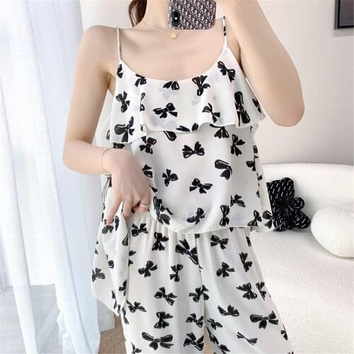 2PC Ice Silk Sleep Suit Womens Chiffon Pajamas Nightgown Pants Set Cami Nighties Wear Spring Summer Breathable Home Nightdress