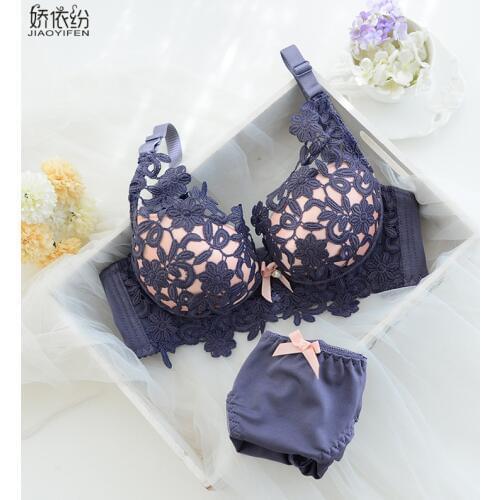 JYF Brand Hot Sale Sexy Lace Women Underwear Set And B Cup Bra Panty Set Wire Free Deep V Embroidery Lingerie Push Up Bra Sets