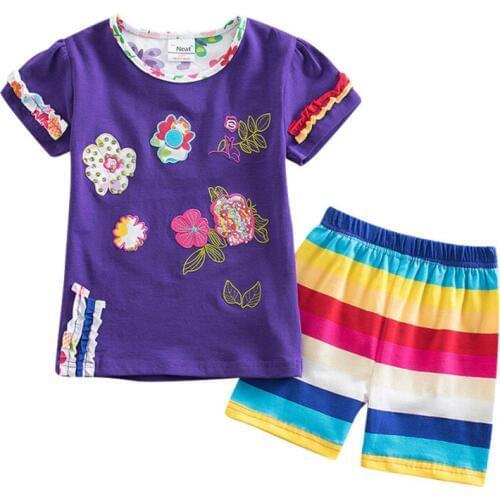 New 2018 summer casual children girls clothing sets flower fashion cartoon baby girls costume shorts kids clothing set suit