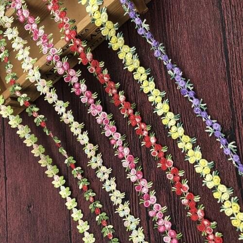 10Yards 2cm Wide Vintage Flower Embroidered Lace Trim Red Yellow Sapphire Polyester Ribbon Applique DIY Sewing Craft