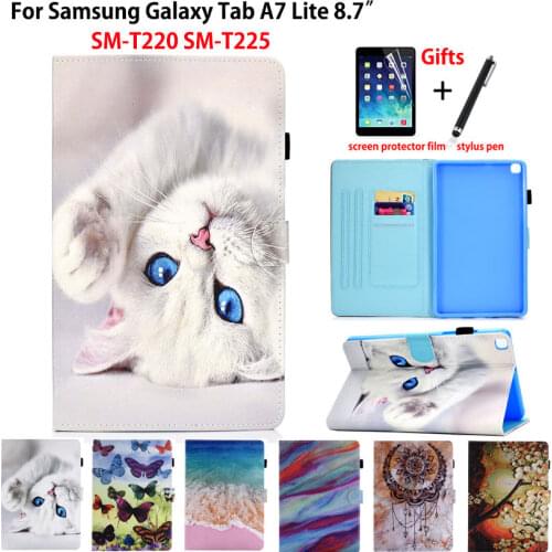 Cute Cat Case For Samsung Galaxy Tab A7 Lite 8.7 Cover SM-T220 SM-T225 T220 T225 Funda Tablet Silicone PU Leather Shell +Gift