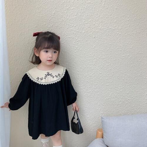 Autumn Cotton Girl Dress Black Baby Girl Clothing 1-6T Long Sleeve Flower Princess Dress Embroidered Toddler Girl Dresses