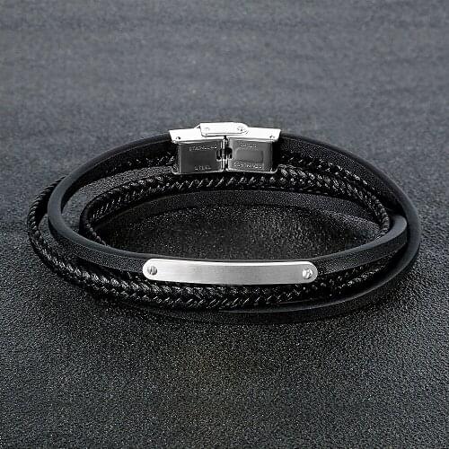 2021 Hand-Woven Multi-Layer Bangles Accessory Stainless Steel Black Mens Leather Bracelet Fashion Jewelry Wholesale