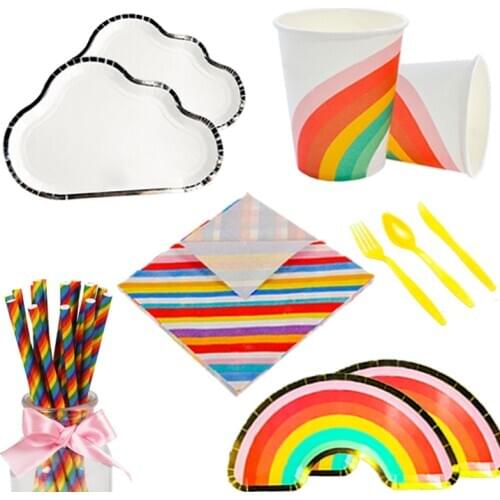 Rainbow Clouds Theme Party Tableware Paper Plate Cup Napkin Banner Baby Shower Kids Happy Birthday Party Decoration Supplies