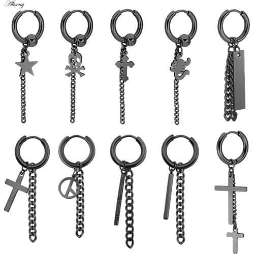 Alisouy 1pc Stainless steel Cross Star Skull Boys Accesorios Tassel Chain Korean Earrings Men Women Tassels Dangle Earrings