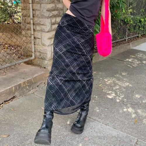 Plaid Midi Skirt Stretchy Mesh High Waits Harajuku E-Girl 90S Grungy Y2K Vintage Women Streetwear