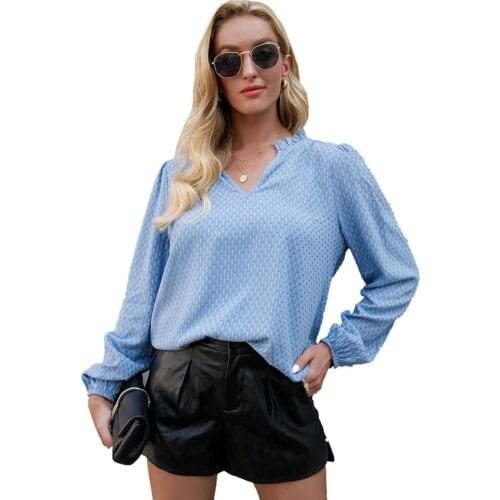 Autumn Winter Basic Blue Puff Sleeve Blouse 90s Femme Ruffles V-neck Formal Work Shirt Casual Tops for Women Large Size Clothing