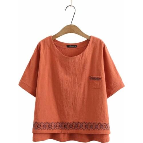 Plus size O neck Cotton embroidery women tshirts 2021 summer casual ladies t shirts female tops t-shirts green yellow Brick red