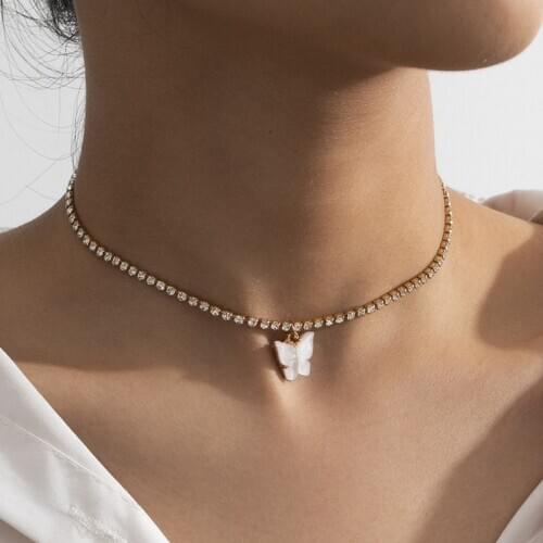 Women Fashion Rhinestone Butterfly Charm Pendant Necklace for Women Crystal Chain Choker Necklace Jewelry Gifts