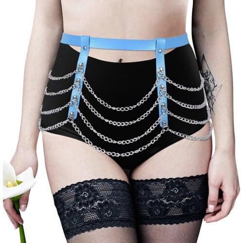 Punk Women Body Chain Leather Cage Harness Dance Skirt Belt Adjustable Gothic Hollow Out Sexy Mesh Plaid Metal Chain Mini Skirt