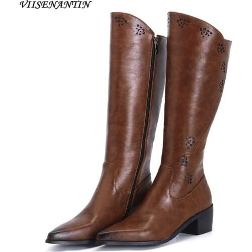 Autumn and Winter New Pointed Toe Hollow Flower Stitching Side Zipper Square Heel Ladies Retro All-match Boots Fashion Boots