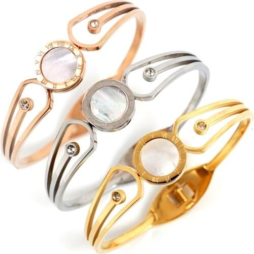 Rose Gold Color Roman Number Bracelets Round Open Cuff Crystal Bracelet Double Shape Women Luxury Brand Jewelry Pulseras