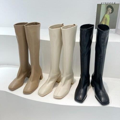 Womens Boots Knee High Boots Fall 2021 New Shoes Zipper Fashion Knight Boots Thick Heel Square Toe Leather Shoes