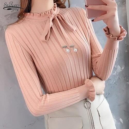 2021 Ruffled O-neck Long Sleeve Woman Pullover Sweater Winter Clothes Korean Solid Colors Slim Bottom Shirt Women OL Style 10367