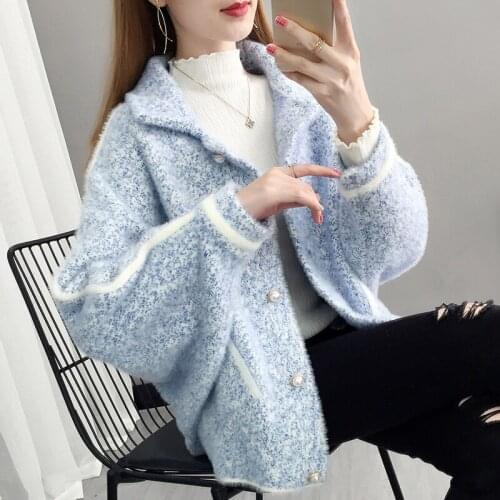 Imitation Mink Velvet Coat Women Thick Warm Sweater Loose Short Knitted Cardigan Female Bat Sleeve Single-Breasted Outwear