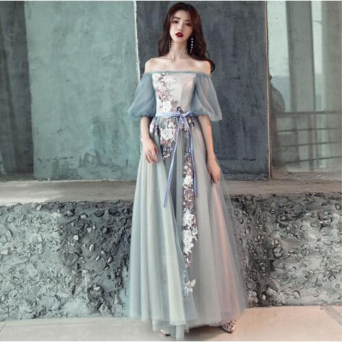 Beauty-Emily Grey Off Shoulder 2021 Evening Dresses Long Appliques Lace Princess Formal Dress Flower Tulle Party Dress soiree