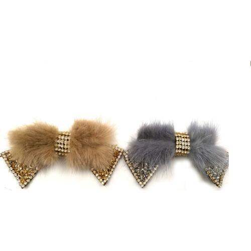 1 pcs Rabbit Fur Rhinestones bow tie beaded brooch patches applique sew on beading Applique clothes shoes decoration patch DIY