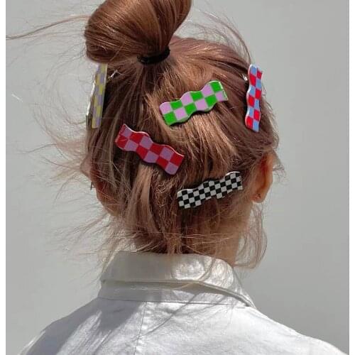 1pc Cute Checkerboard Plaid Acrylic Hair Clip Zigzag Patchwork Hair Pin Hair Snap Barrette Girls Fashion Bobby Pin Accessories